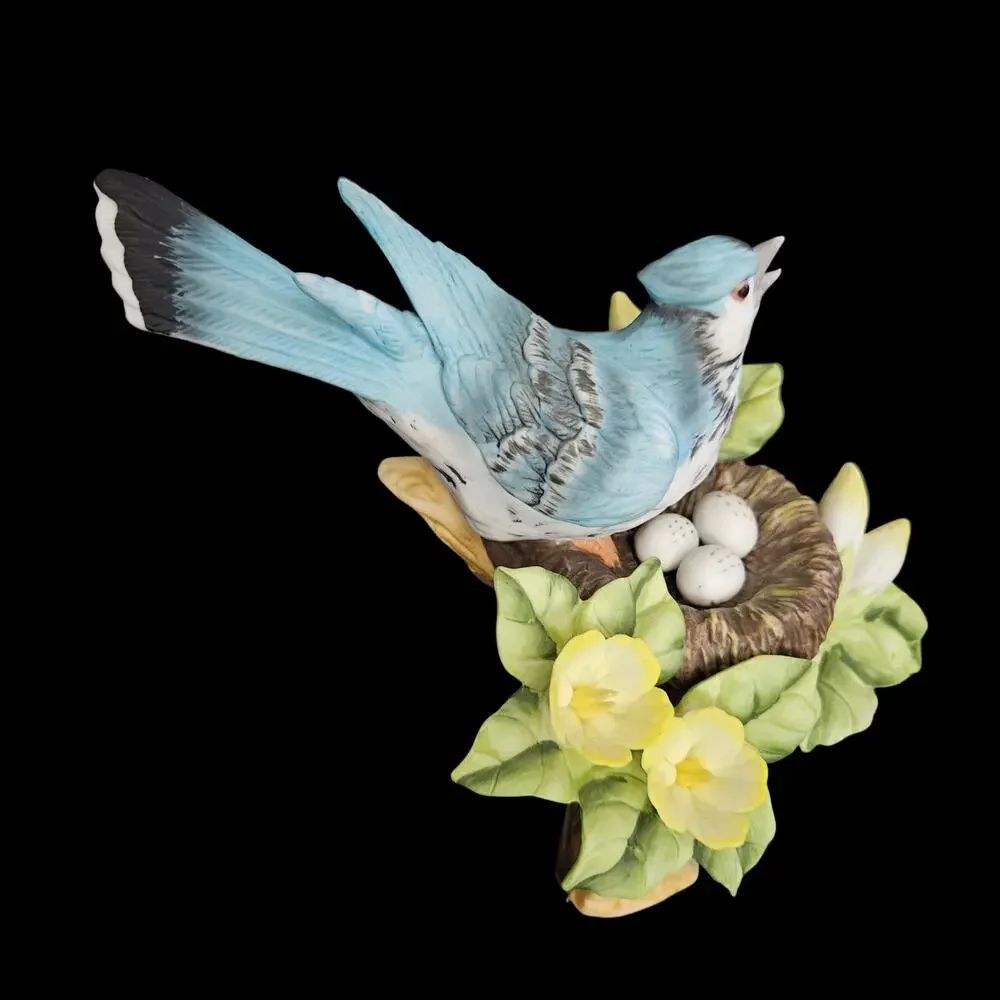Vintage Blue Jay Bird Nest Eggs Flowers Porcelain Figurine Tree Branch Decor